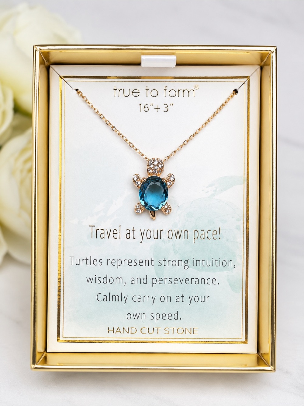 True To Form Gold Turtle Necklace with Blue Stone